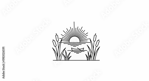 Stylized sun setting over a lake with a canoe and cattails