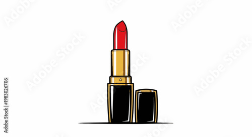 A red lipstick with its gold and black casing stands open and ready