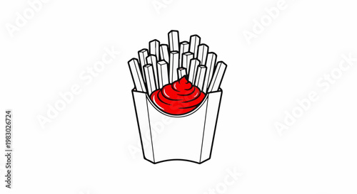 A minimalist graphic illustration of french fries in a carton with ketchup
