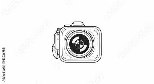 A minimalist black and white line drawing of a compact camera
