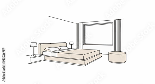 A minimalist bedroom sketch featuring a bed, nightstand, lamp, and window