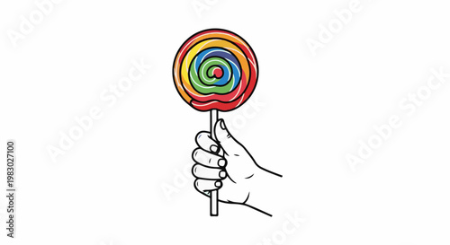 A hand holds a colorful spiral lollipop against a white background