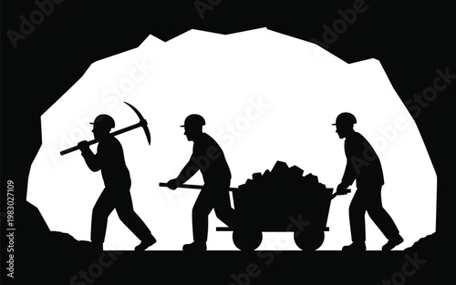 Industrial mining workers, coal miners, laborers, silhouette icons, black and white