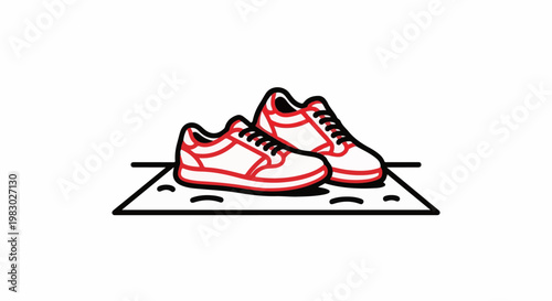 Two white athletic shoes with red trim and laces on a platform