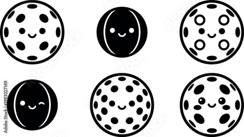 Cute black and white moon faces with craters and smiles vector art set