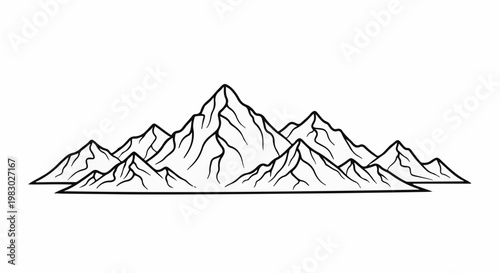 Stylized line art depicts a range of jagged mountain peaks