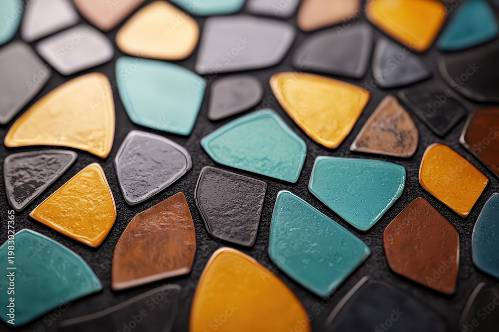Fototapeta premium Colorful mosaic design featuring various shapes and textures in shades of blue, orange, and brown, creating vibrant and artistic surface