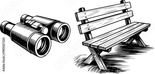 Vintage binoculars and wooden park bench white background