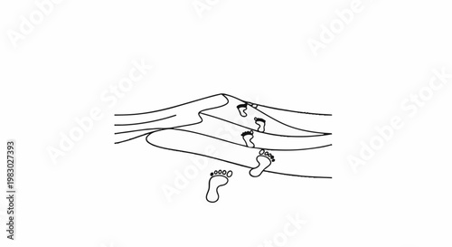Stylized footprints traverse abstract undulating sand dunes