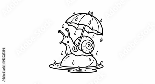 A cartoon snail holding an umbrella for protection from falling rain drops