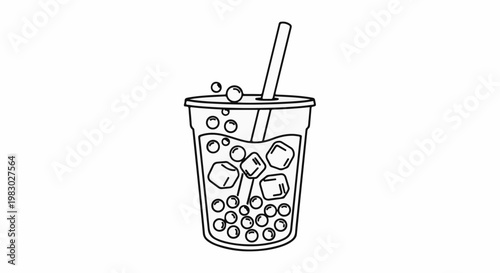 A black and white outline drawing of a bubble tea with ice and boba pearls
