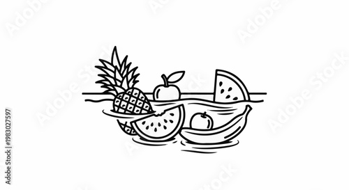 A black and white line drawing depicts various fruits floating in wavy water