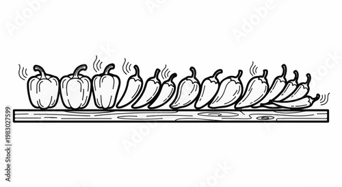 A row of bell peppers and chili peppers line a wooden shelf, some steaming