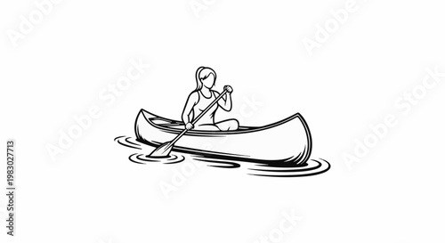 Stylized sketch of a woman paddling a canoe on rippling water