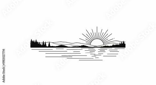Stylized sunrise over water with tree and mountain silhouettes