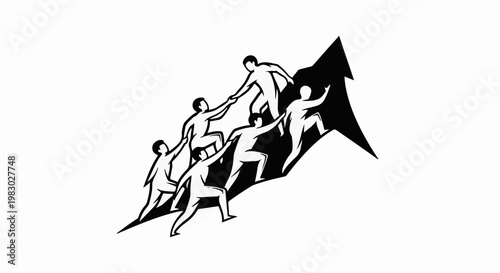 Teamwork helps people ascend a steep, upward-trending mountain