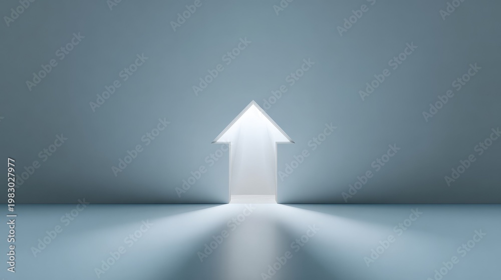 Fototapeta premium Minimalist upward arrow shape illuminated with a soft light, symbolizing progress, direction, and positivity in a clean, modern setting.