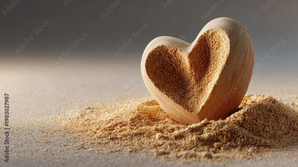 Fototapeta premium Heart-Shaped Wooden Sculpture Surrounded by Fine Sand Pile on Soft Background for Conceptual Art and Nature Designs