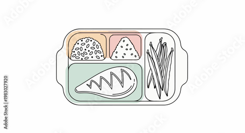 A simple line drawing of a tray with three food compartments rice, vegetables, and meat