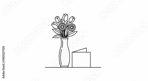 A simple line drawing of a vase with flowers and a card