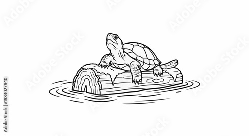 A simple line drawing of a turtle resting on a log in water