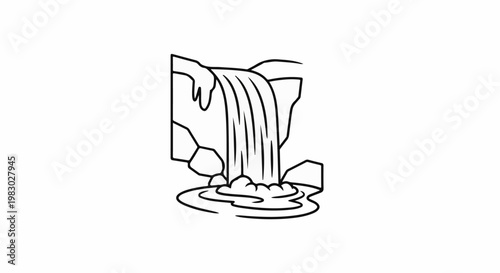 A simple line drawing of a waterfall cascading over rocks into a pool