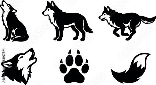 Black and white silhouette of howling and walking wolves with paw and tail icons