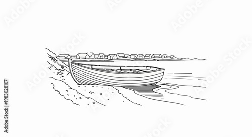 A simple line drawing shows a rowboat beached on a sandy shore with a village backdrop