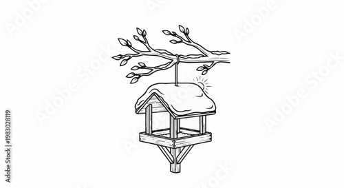 A simple line drawing shows a snow-covered bird feeder hanging from a bare tree branch