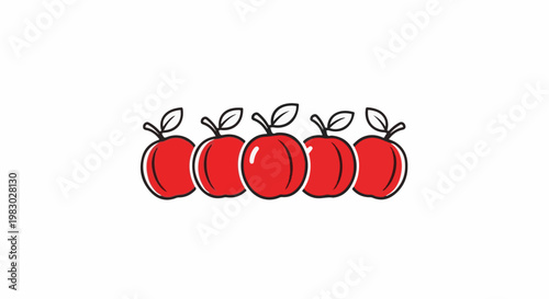 A simple line of five red apples with green leaves on white background