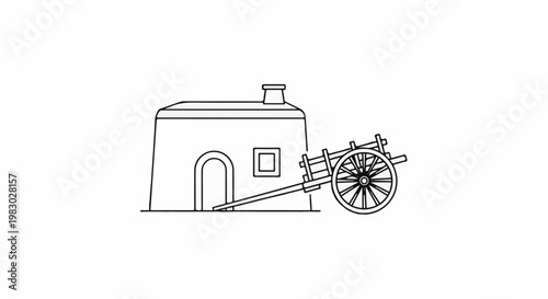 A simple outline drawing of a building with a chimney and an attached cart with a large wheel