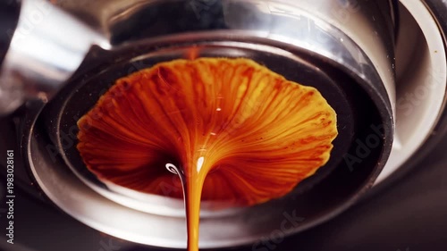 Espresso flowing almost evenly from bottomless portafilter with visible crema fan, high pressure causing water drops from gasket, macro slow motion view of near correct extraction