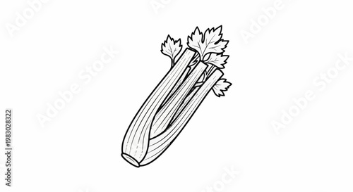 A simple line drawing of fresh celery stalks with leafy greens