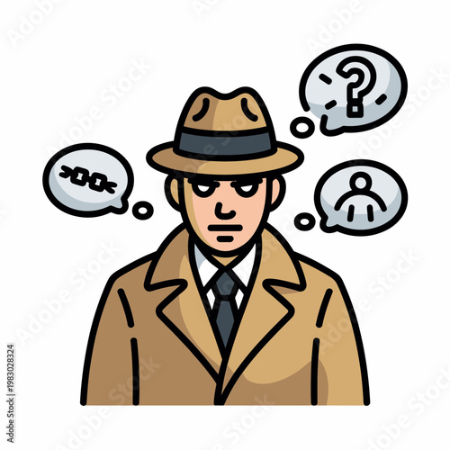 Detective character with fedora and trench coat thinking about clues and suspects in a minimalist vector graphic illustration style for mystery concepts and investigations