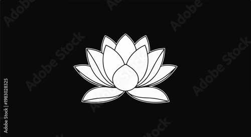 A simple line drawing of a blooming lotus flower on a black background