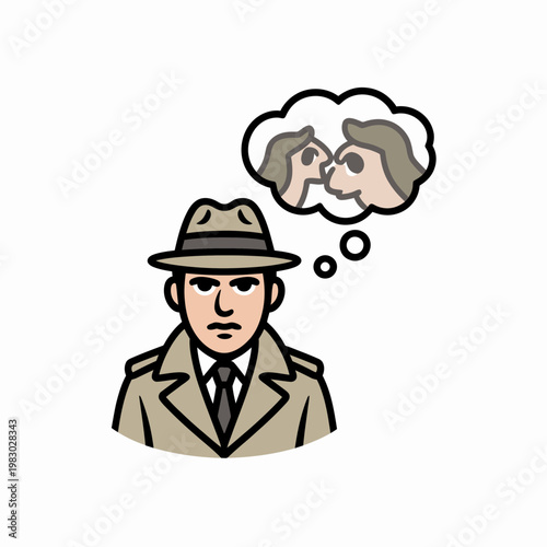 Cartoon detective wearing a classic fedora hat and trench coat thinking about a romantic couple kissing inside a cloud thought bubble on a clean white background isolated