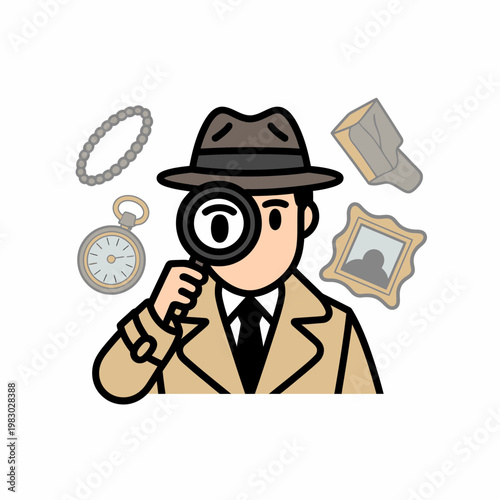 Private detective character holding magnifying glass investigating clues like jewelry watch and framed portrait in a flat vector illustration concept for mystery solving