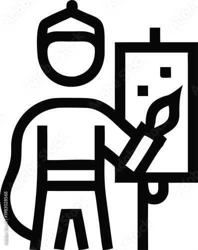 Line art illustration of an artist actively painting on a canvas with a brush