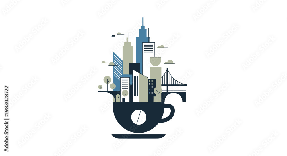 Naklejka premium Coffee cup with city skyline creative vector illustration