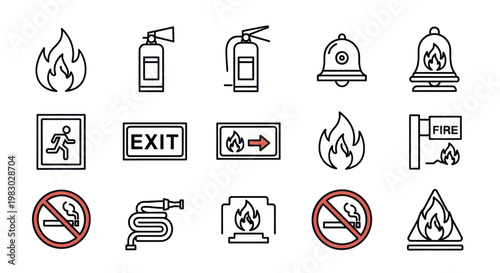 Collection of fire safety and emergency prevention icons in minimalist line art style