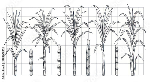 Botanical sketch of sugarcane plants and stalks on a technical grid background.
