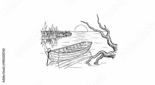 A rowboat rests by the shore with reeds and a setting sun
