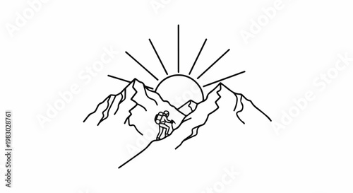 A silhouette of a mountain climber ascending a peak with a rising sun behind them