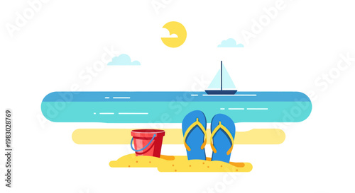 Summer beach vacation illustration with flip flops and bucket on sand