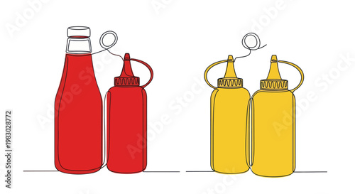 Continuous line drawing of ketchup and mustard condiment bottles on white background
