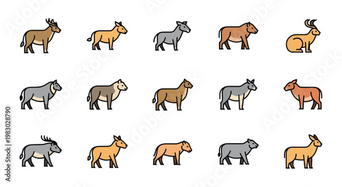 Set of flat line icons featuring various wild and domestic animals