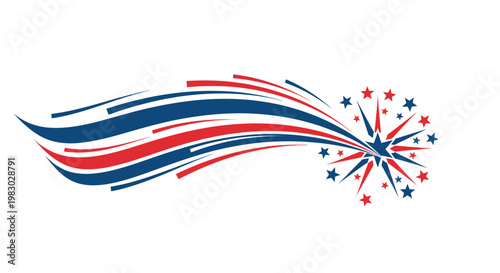 Patriotic red and blue swoosh with stars isolated on white background.