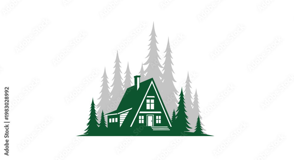 Obraz premium Green A-frame cabin surrounded by evergreen trees