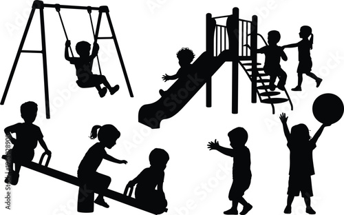 Black silhouettes of children playing, playground icons, kids at play, outdoor recreation