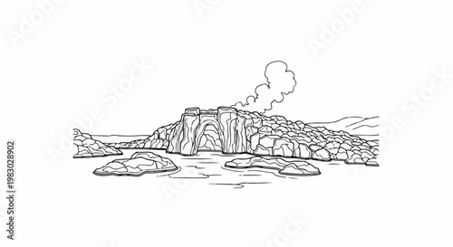 A rugged, rocky island with an arched cave and smoky eruption in the sea